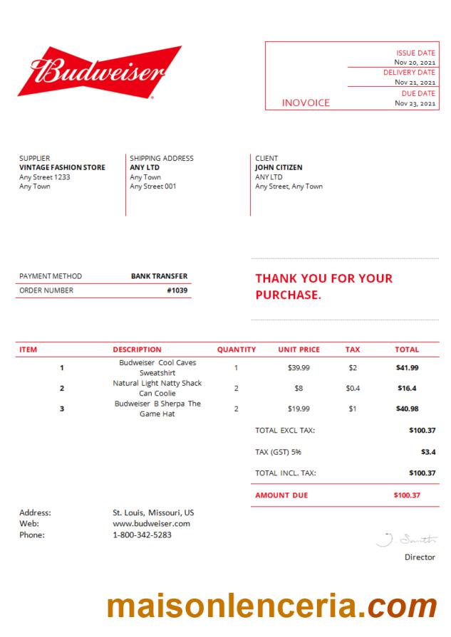 USA Budweiser faktura słowo i PDF szablon